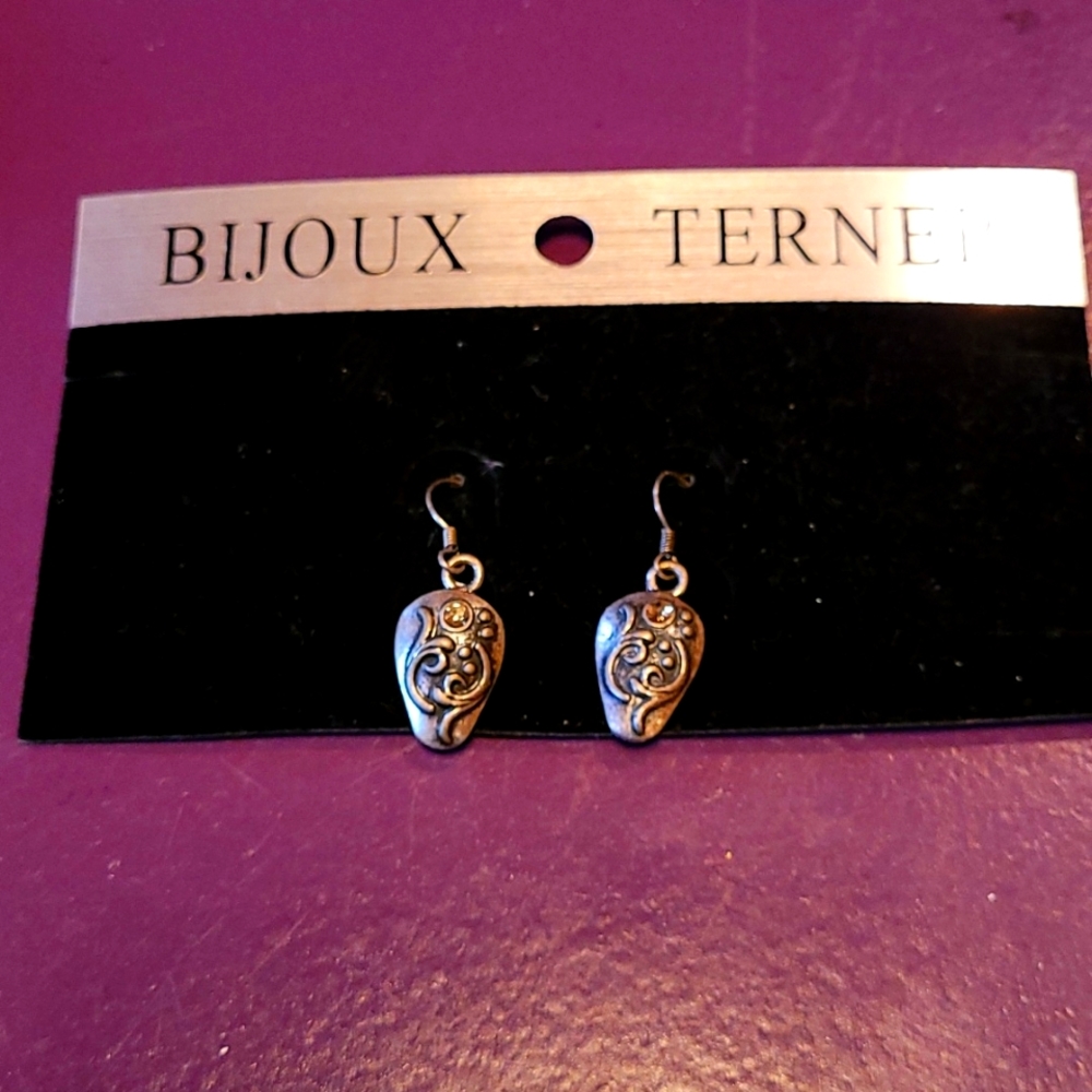 NEW Vintage Silver-tone Charm Earrings with Rhinestone Gem Bijou Terner Art Deco
